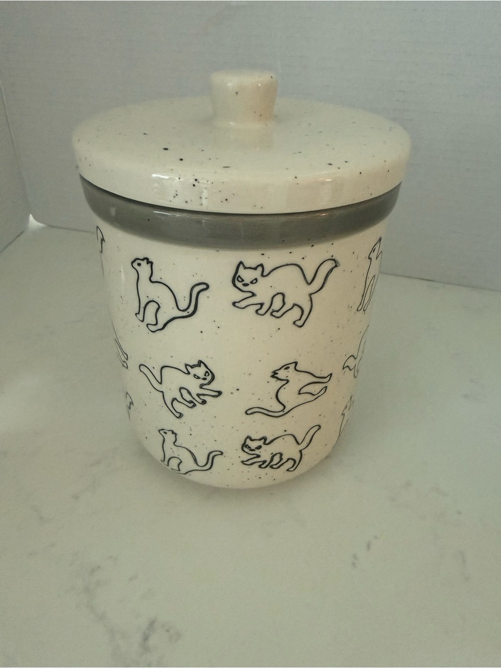 Speckled Off White Ceramic Cat Storage Canister with Lid